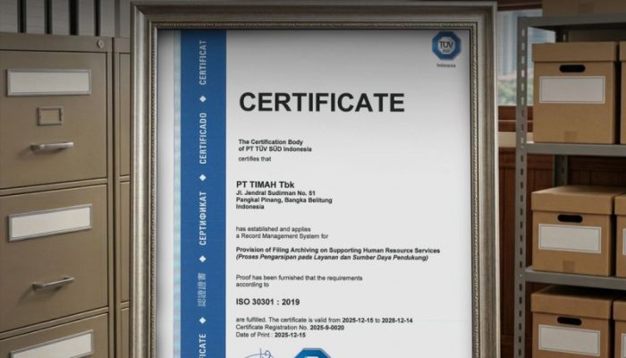 PT TIMAH Raih Sertifikasi ISO 30301:2019, Perkuat Tata Kelola Arsip Berstandar Internasional
